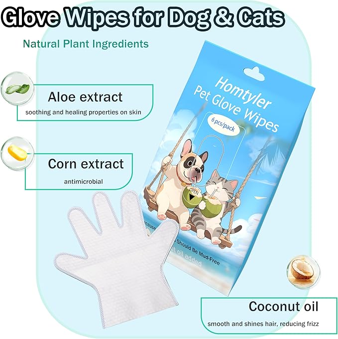 Dog Wipes & Cleaning Gloves 2-in-1 for Dogs and Cats, Extra-Thick Pet Wipes with Coconut Oil for Lick-Safe Paws, Eyes, Ears & Body, Rinse-Free Waterless Bath for Deodorizing&Cleansing, 24 PCS
