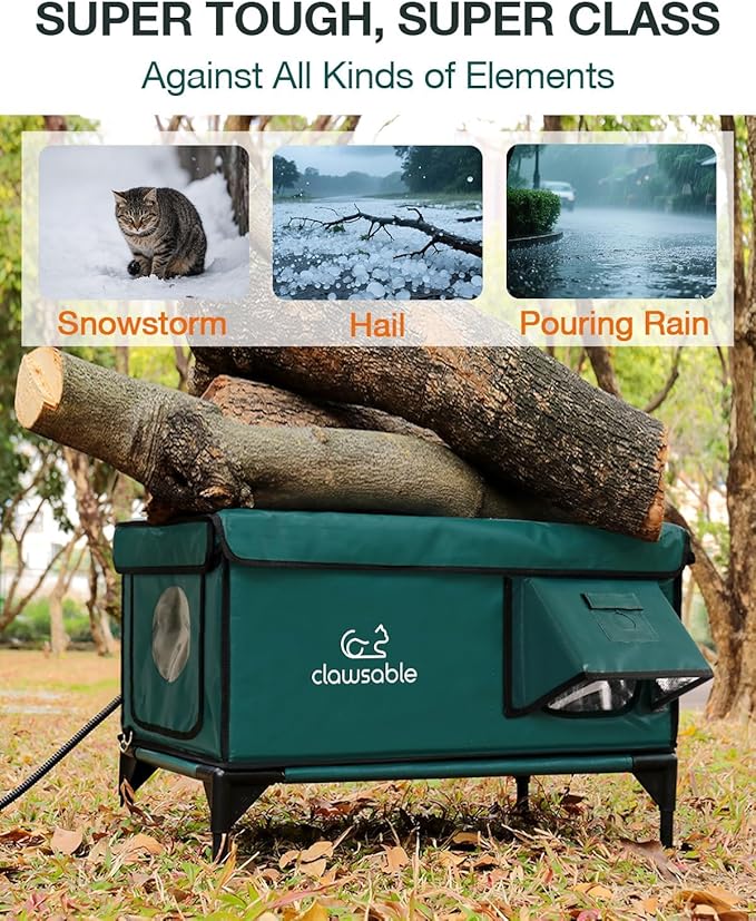 Indestructible Heated Cat House for Outside Winter, 100% Waterproof, Safe Escape Door, Insulated Outdoor Cat Shelter with Heater for Feral Barn Cat Kitty (Forest Green, 26"x16"x18")