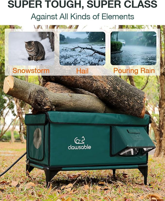 Indestructible Heated Cat House for Outside Winter, 100% Waterproof, Safe Escape Door, Insulated Outdoor Cat Shelter with Heater for Feral Barn Cat Kitty (Forest Green, 26"x16"x18")