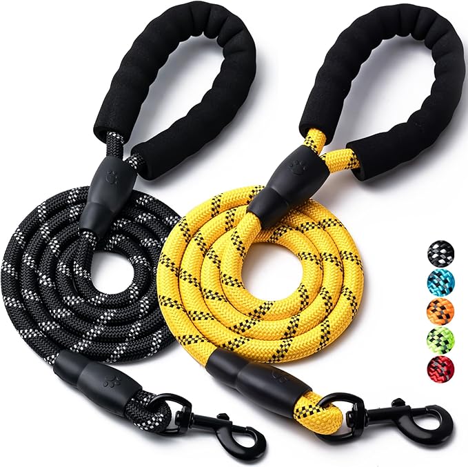 2 Pack Dog Leash, 4/5//6 FT Heavy Duty Nylon Rope Pet Leashes with Comfortable Padded Handle, Reflective Dog Leashes for Small Medium and Large Dogs (5FT-3/8,Black/Yellow)
