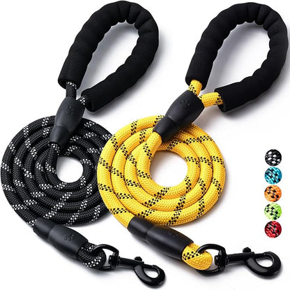 2 Pack Dog Leash, 4/5//6 FT Heavy Duty Nylon Rope Pet Leashes with Comfortable Padded Handle, Reflective Dog Leashes for Small Medium and Large Dogs (6FT-1/2,Black/Yellow)