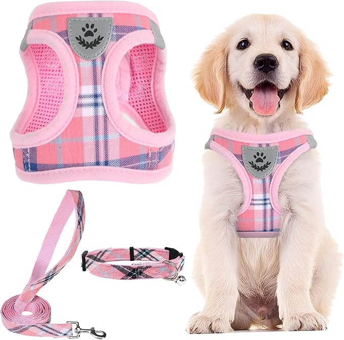 PUPTECK Adjustable Dog Harness Collar and Leash Set Step in No Pull Pet Harness for Small Medium Dogs Puppy and Cats Outdoor Walking Running, Soft Mesh Padded Reflective Vest Harnesses, Pink XS