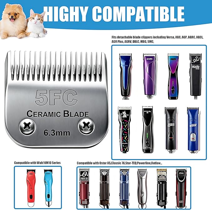 Dog Grooming Replacement Blades Compatible with Andis Dog Clipper, Dog Clipper Blades Compatible with Oster A5,Wahl KM-10 Series Dog Clipper,#5FC Blades (6.3mm)
