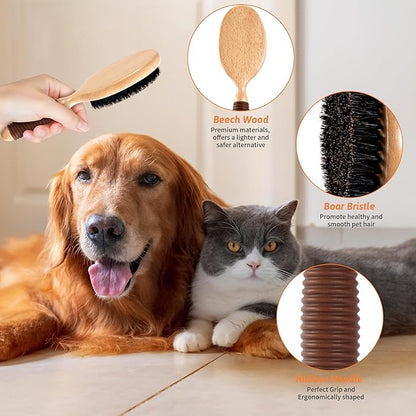 GROOMAGE Boar Bristle Pet Brush for Short Haired Dogs and Cats, Dog Cast Hair Brush for Shedding with Beech Wood Handle and Non-Slip Rubber