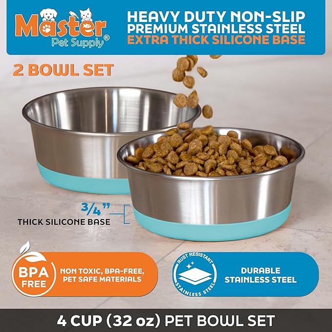 Master Pet Supply Stainless Steel Dog Bowls Set of 2 with Extra Thick Silicone Base - 4 Cup (32 oz) Aqua Sky, Non-Slip, Dishwasher Safe Metal Bowls, Pet Dog Food Bowl for Dogs, Cats, Anti Rust