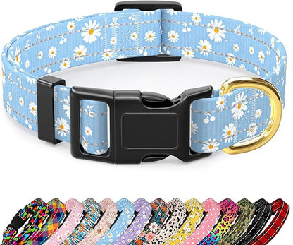 Reflective Dog Collar for Small Dogs, Cute Daisy Theme Adjustable Heavy-Duty Nylon Puppy Collar for Boy and Girl Female, Soft Pet Accessories with Quick Release Buckle, Neck 10-16", Blue