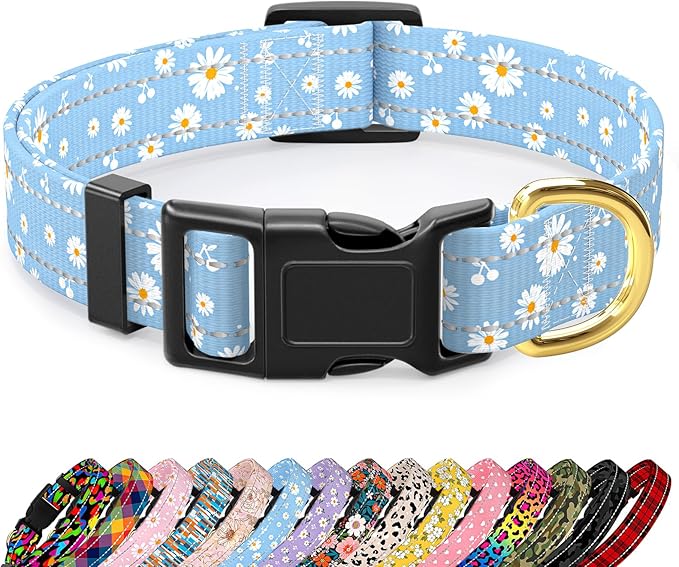 Reflective Dog Collar for Large Dogs, Cute Daisy Theme Adjustable Heavy-Duty Nylon Puppy Collar for Boy and Girl Female, Soft Pet Accessories with Quick Release Buckle, Neck 16-24", Blue