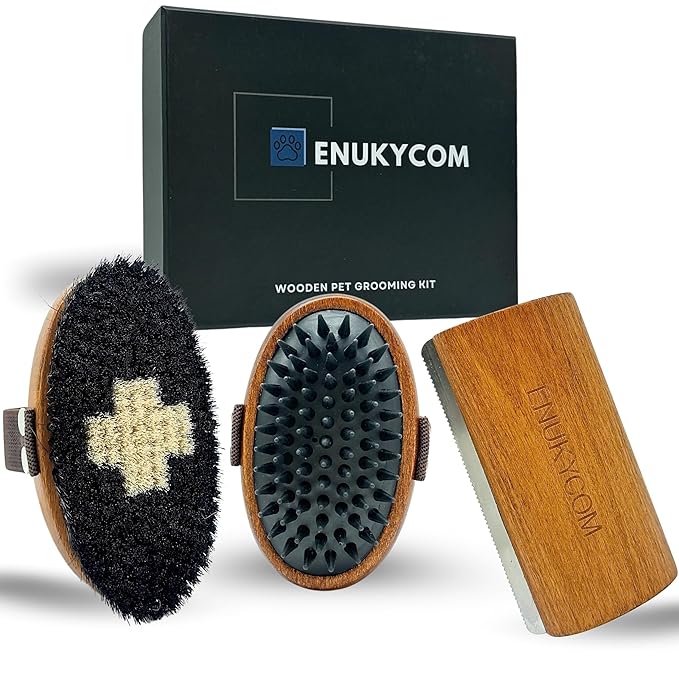 Wooden Pet Grooming Kit for Short-Haired & Double-Coated Dogs Cats Horses- Includes Bristle Brush, Massage Brushes & Deshedding Tools -Dog Brush for Shedding - Best Deshedding Comb - Idea Gift