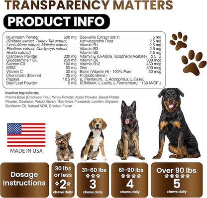 Turkey Tail Mushroom Supplement for Dogs - 170 Chews - Mushrooms for Dogs - Reishi, Lion’s Mane, Glucosamine Multivitamin - Immune Booster, Gut, Hip & Joint Health Support Vitamins, Energy & Skin