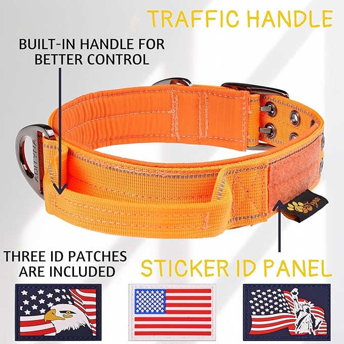 ADITYNA Heavy Duty Dog Collar for Extra-Large Dogs - Reflective Orange Collar with Handle for Training, and Walking - Wide, Thick, Tactical, Soft Neoprene Padded