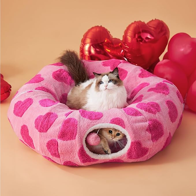 Lesure Cat Tunnel Bed for Indoor Cats - Cute Cat Donut Tunnel Toys with Washable Circle Cushion, Valentine's Day Gifts for Cats, Round Pet Peekaboo Cave Toy for Kitten, Standard Lover Hearts