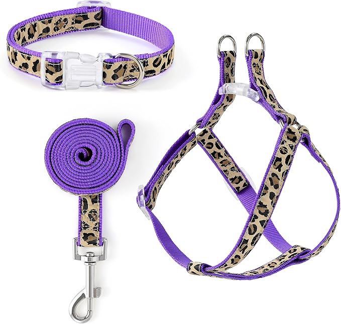Mile High Life Leopard Dog Harness Collar Leash Set, Adjustable No Pull Dog Halter Harness for Small Breed Dogs, Easy Control for Training Walking (Purple, M Chest 15"-21", Neck 13"-17")