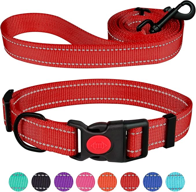 Reflective Dog Collar and Leash Set with Safety Locking Buckle Nylon Pet Collars Adjustable for Small Medium Large Dogs 3 Sizes(Red&M)
