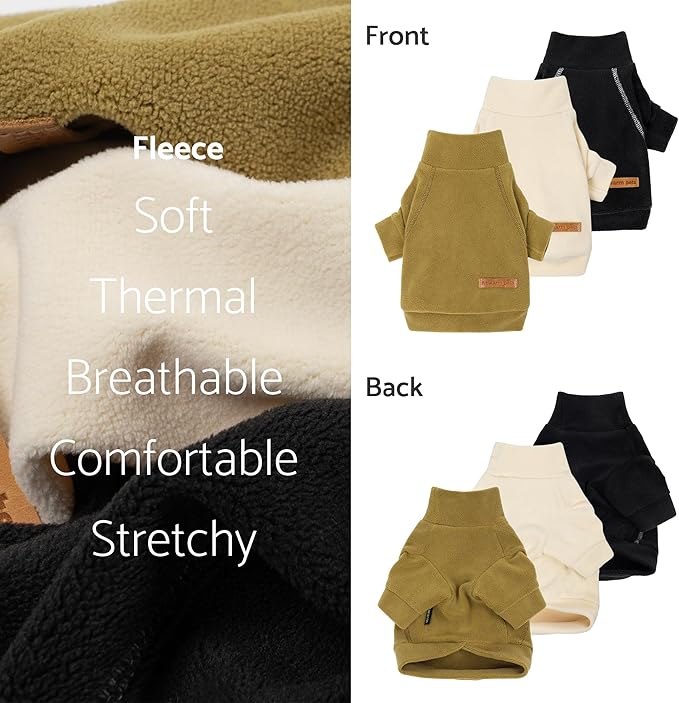 Fitwarm 3 Pack Classic Fleece Dog Sweater, Winter Clothes for Small Dogs Boy Girl, Turtleneck Dog Sweatshirt, Pet Pullover Jumper, Cat Apparel, Black, Olive Green, Cream, XXL