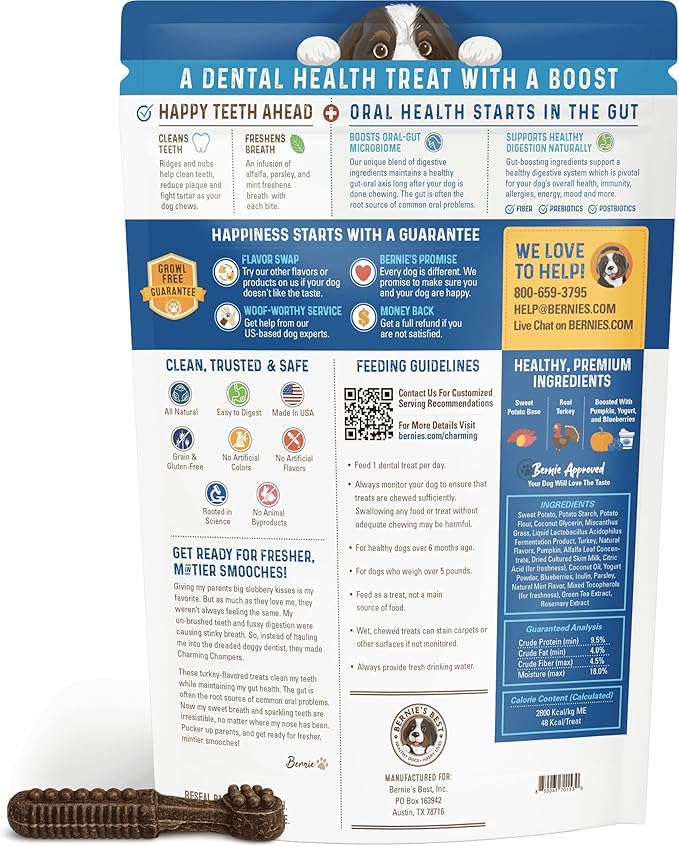 Bernie's Charming Chompers - Daily Dental Chews for Dogs 15-25 Lbs. - 30 Count - Cleans Teeth, Freshens Breath, + Boosts Oral-Gut Microbiome. Easy to Digest, Supports Healthy Digestion Naturally