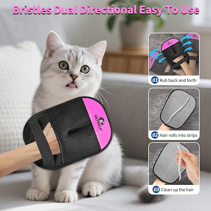 KEYHELP Pet Hair Removal Glove for Dogs & Cats, Newly Upgraded Reusable Electrostatic Pet Hair Glove, Pet Hair Remover Tool for Clothing, Couch, Bed, Carpet, Car Seat（Pink）