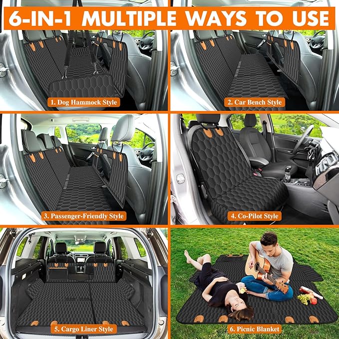 NECKORY Dog Back Seat Cover, Waterproof Scratch Proof Nonslip Dog Hammock for Car, Car Seat Cover for Back Seat with Sanitary Pad Mesh & Pocket for Cars SUVs and Trucks - S, Black/Orange