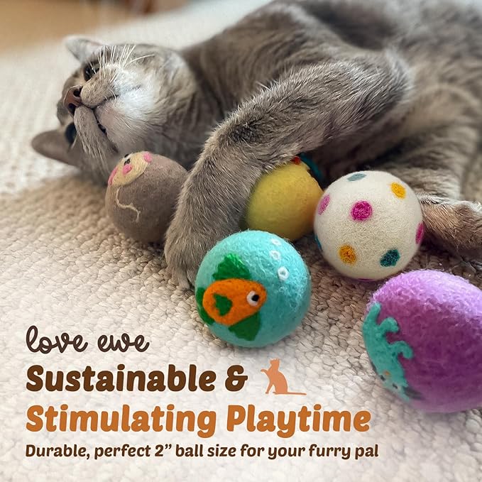 Hustle & Blush Love Ewe Felted Cat Toys 3 Pack - 3 Inch Fish w/Bell & 2 Inch Ball Hand Made Cute & Fun Design Kitten Wool Felt Balls for Indoor Play & Exercise -100% New Zealand Handmade Felted Balls