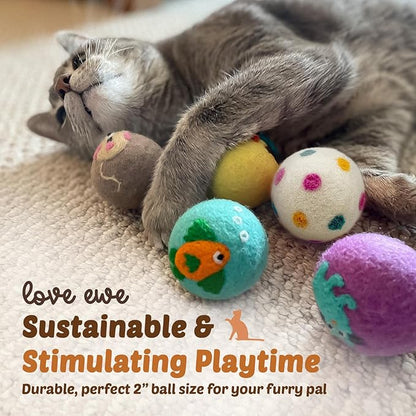 Hustle & Blush Love Ewe Felted Cat Toys 3 Pack - 3 Inch Fish w/Bell & 2 Inch Ball Hand Made Cute & Fun Design Kitten Wool Felt Balls for Indoor Play & Exercise -100% New Zealand Handmade Felted Balls