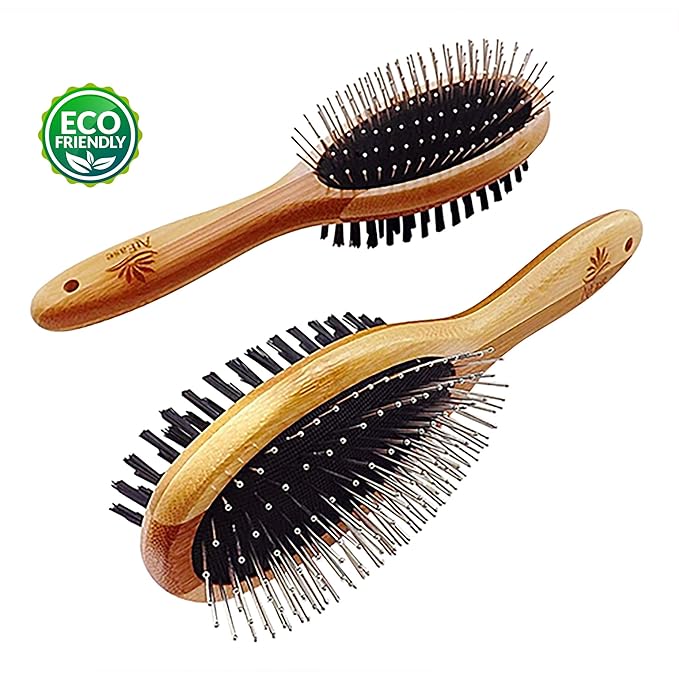AtEase Accents Double Sided Dog Brush - for Long or Short Haired Dogs and Cats Natural Bamboo Eco Friendly Pet Grooming Dual Sided Pin and Bristles for Deshedding Hair