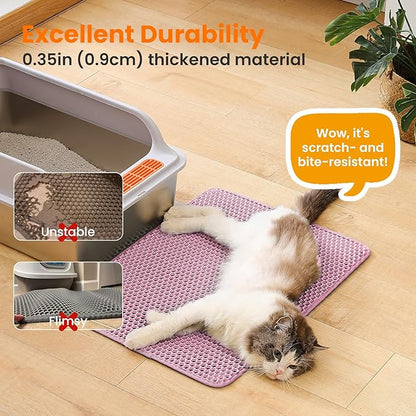 Petinstinct Cat Litter Mat, 24x18 Inches Large Double Layer Honeycomb Cat Litter Trapping Mat, Non Slip Waterproof Urine Proof Cat Litter Box Mat for Floor, Kitty Litter Rug, Cat Supplies, Pink