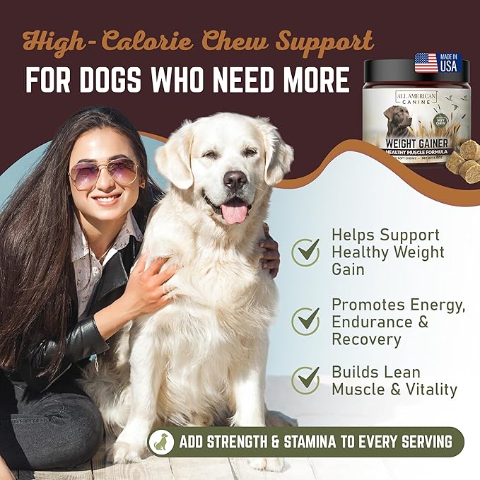 Dog Weight Gainer Chews – High Calorie Dog Food Supplement for Rapid Weight Gain, Mass, and Recovery – Appetite Stimulant – 60 Chews