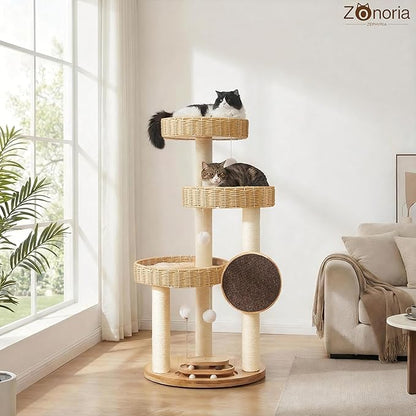 Solid Wood Cat Tree,Modern Cat Tower with Scratching Posts, Hand-Woven Beds & Toys | Heavy-Duty 20lbs Capacity,Indoor Cat Furniture for Big Cats
