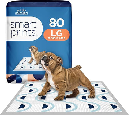 Pet Life Unlimited Smart Prints Large Puppy Pads – 22" x 22", 80 Count (L) | Stylish Dog Training Pads with Odor Controlling Wetness-Activated Sweet Bluegrass Scent | USA Made