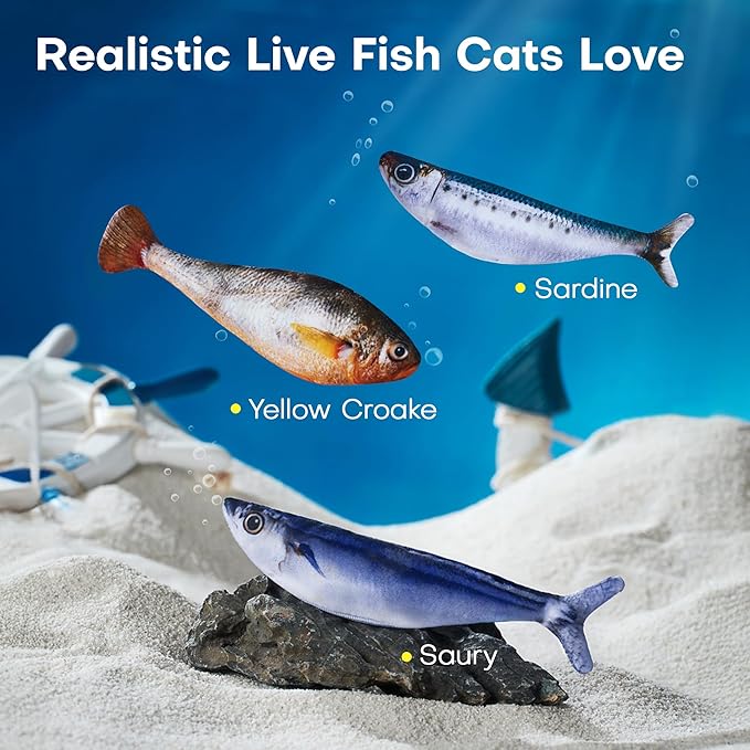 Potaroma Cat Toys Bite-Sized Flopping Fish with Catnip, Realistic Tap-Activated Moving Kitten Kicker, 3 Floppy Mode Wiggle Sardine/Saury/Yellow Croaker Interactive Motion Kitty Exercise