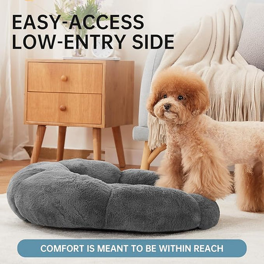 OhGeni 24 inches Calming Donut Dog & Cat Bed for Small Pets, Warming Comfort Fluffy Short Pile Fur, Durable Machine Washable, Cute Round Bed for Puppy and Kitten, Dark Gray