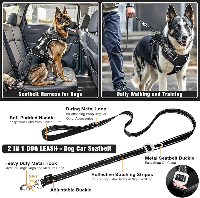 MOOGROU Tactical Dog Harness and Leash Set Medium Sized Dog,Heavy Duty No Pull Service Dog Vest and 10 Patches with Dog Seat Belt,Reflective Adjustable Pet Harness for Training Walking Hiking Black M