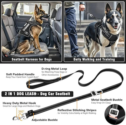 MOOGROU Tactical Dog Harness and Leash Set Medium Sized Dog,Heavy Duty No Pull Service Dog Vest and 10 Patches with Dog Seat Belt,Reflective Adjustable Pet Harness for Training Walking Hiking Black M
