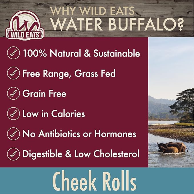 Wild Eats Water Buffalo Retriever Style Cheek Roll 3" Dog Chews-5 Pack (Long Lasting Dog Chews Treats & Bones for Medium Dogs) Substitute for Pig Ears for Dogs