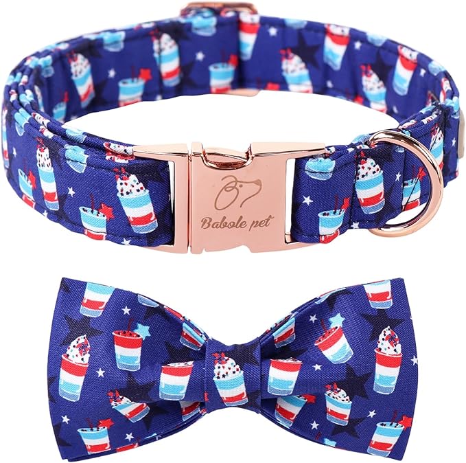 4th of July Dog Collar with Bow Tie - American Flag Day Patriotic Dog Collars Blue Star Sundae Summer Bowtie Collar for Small Medium Large Dogs S