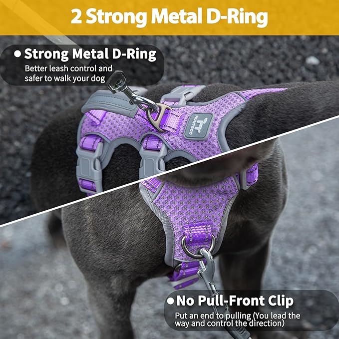 Huntboo Escape Proof Dog Harness,No Pull Reflective Harness with Lift Handle,Adjustable Pet Vest with Front and Back Leash Clips for Small Medium Large Dogs Walking Hiking Training(Lavender Purple,XL)