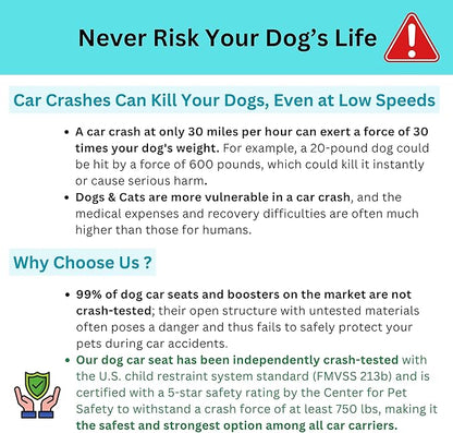 Crash-Tested Dog Car Carrier (Test with FMVSS 213b - 5 Star Safety Rated by CPS) | 3-in-1 Small Dog Car Seat, Pet Carrier for Vet Visit, Enclosed Cat Bed & Carseat | Best for Safe Travel (Up to 15lbs)