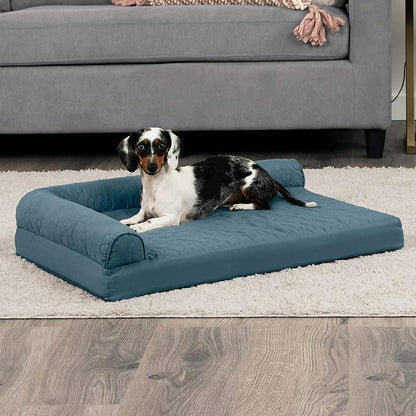 Furhaven Cooling Gel Dog Bed for Medium/Small Dogs w/ Removable Bolsters & Washable Cover, For Dogs Up to 35 lbs - Pinsonic Quilted Paw L Shaped Chaise - Bluestone, Medium