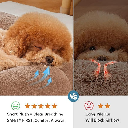 OhGeni 24 inches Calming Donut Dog & Cat Bed for Small Pets, Warming Comfort Fluffy Short Pile Fur, Durable Machine Washable, Cute Round Bed for Puppy and Kitten, Camel