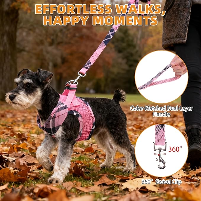 KOOLTAIL Dog Harness and Leash Set, Step in No Pull Soft Mesh Padded Pet Vest Harness Collar for Medium Size Dogs Cats Boy Girl, Breathable & Lightweight Plaid Puppy Harness, Pink M