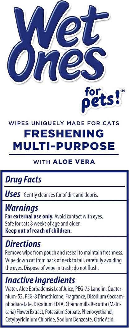 Wet Ones for Pets Freshening Multipurpose Wipes for Cats with Aloe Vera, Fresh Scent - Easy to Use Cat Cleaning Wipes for Pet Grooming in Canister, 50 Count - 3 Pack
