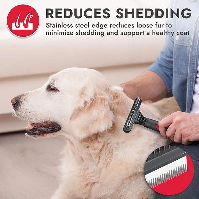 KONG Double-Sided Rake & Deshedding Tool – Detangling & Shedding Control, Rounded Metal Tips, Non-Slip Grip, for Medium to Large Dogs with Medium to Long Coats, Red/Gray