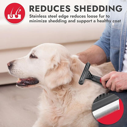 KONG Double-Sided Rake & Deshedding Tool – Detangling & Shedding Control, Rounded Metal Tips, Non-Slip Grip, for Medium to Large Dogs with Medium to Long Coats, Red/Gray