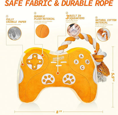 MTERSN Plush Dog Toy : Interactive Squeaky Dog Toys with Crinkle Paper and Gaming Controller Shape Dogs Rope Toys - Funny Pet Chew Toys with 3 Squeakers for Puppy, Small, Medium, Large Dogs (Yellow)