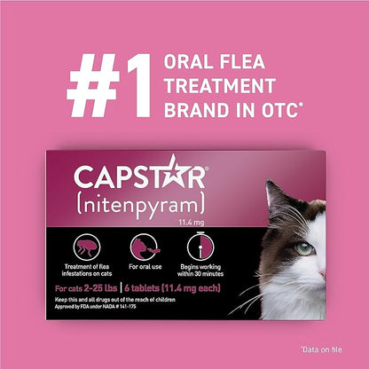 Capstar (nitenpyram) Cat Flea Treatment, Fast-Acting Oral Flea Treatment for Cats 2-25 lbs, Vet-Recommended Medication Tablets Start Killing in 30 Minutes, 6 Doses