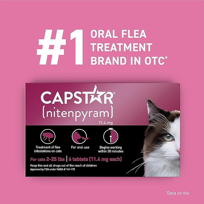 Capstar (nitenpyram) Cat Flea Treatment, Fast-Acting Oral Flea Treatment for Cats 2-25 lbs, Vet-Recommended Medication Tablets Start Killing in 30 Minutes, 12 Doses (Includes Two 6-Count Boxes)