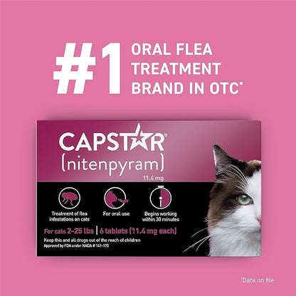 Capstar (nitenpyram) Cat Flea Treatment, Fast-Acting Oral Flea Treatment for Cats 2-25 lbs, Vet-Recommended Medication Tablets Start Killing in 30 Minutes, 12 Doses (Includes Two 6-Count Boxes)