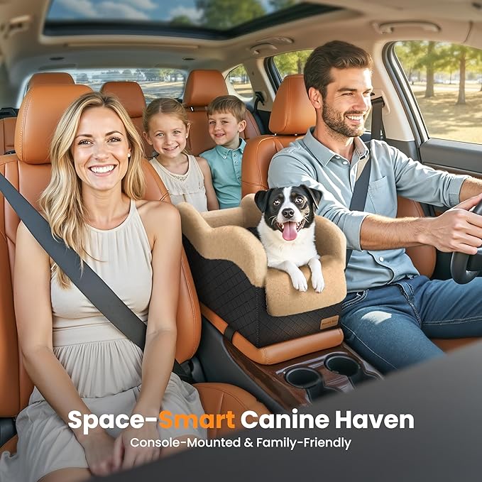 Mavora Max Portable Small Dog Seat for Car, Luxury Center Console Dog Car Seat Booster with Safety Tethers, Anti-Collapse Pet Travel Carseat for SUV, Truck (Black/Brown)