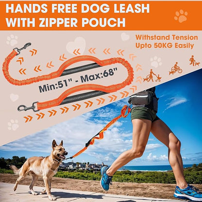 Hands Free Dog Leash with Waist Belt – No-Pull Bungee, Dual Padded Handles & Zipper Pouch for Running, Walking & Training – Adjustable Waist Leash for Large & Medium Dogs (Orange)