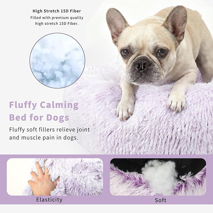 Calming Donut Dogs Beds for Small Dogs Washable,23inch Plush Round Pet Bed for Cozy Sleep,Fluffy Faux Fur Large Cat Bed,Fits up to 25 lbs Pets,Gradient Purple