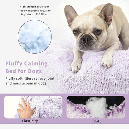 Calming Donut Dogs Beds for Small Dogs Washable,23inch Plush Round Pet Bed for Cozy Sleep,Fluffy Faux Fur Large Cat Bed,Fits up to 25 lbs Pets,Gradient Purple